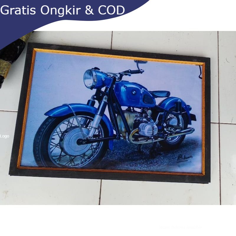Lukisan murah poster murah hiasan dinding gambar motor cb klasik plus bingkai ukuran 65×45