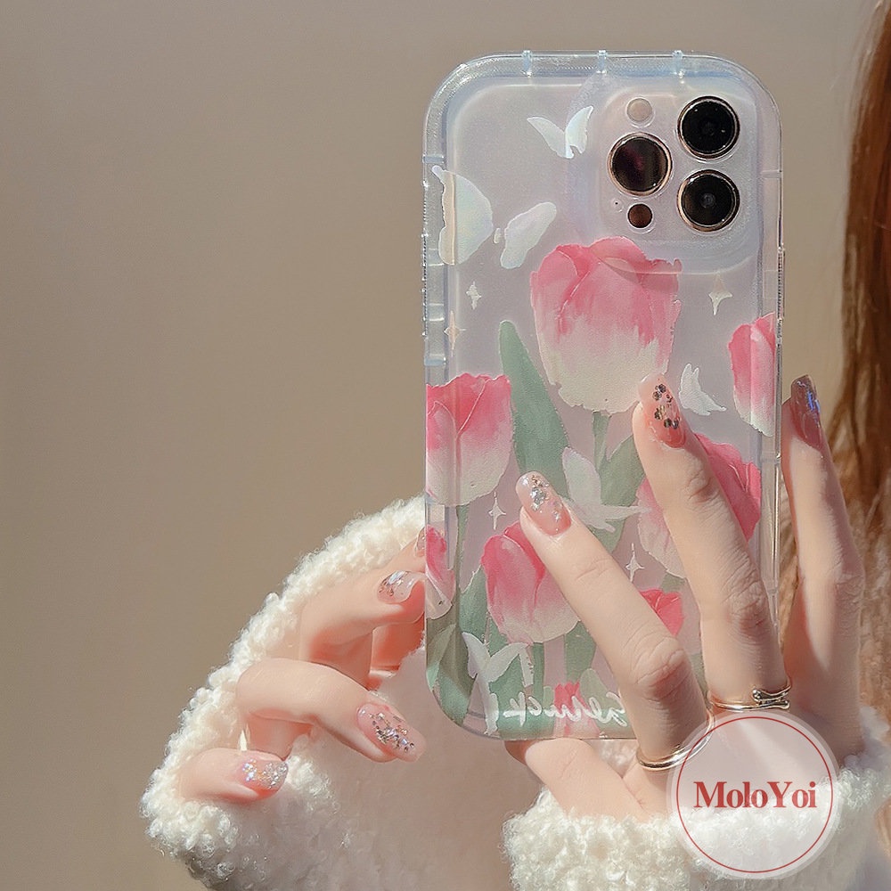 IPHONE Airbag Case Kompatibel Untuk Iphone14 11 6 6S 7 8 Plus 13 12 Pro MAX XR X XS MAX Fashion Segar Musim Semi Bunga Tulip Kupu-Kupu Shockproof Lembut TPU Phone Case