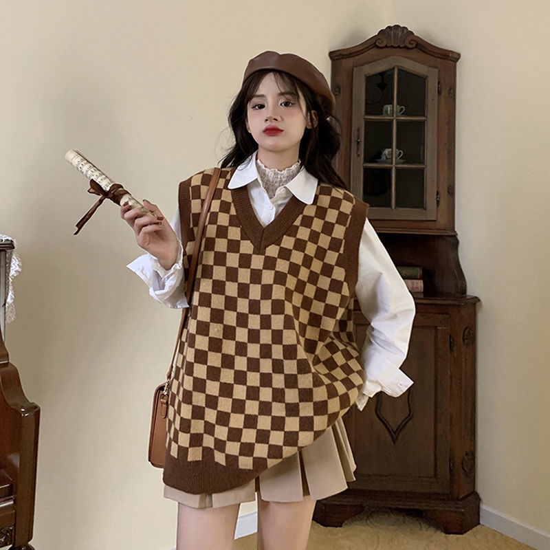 Korean Vest Rajut Wanita Oversize Kotak Kotak Casual Top