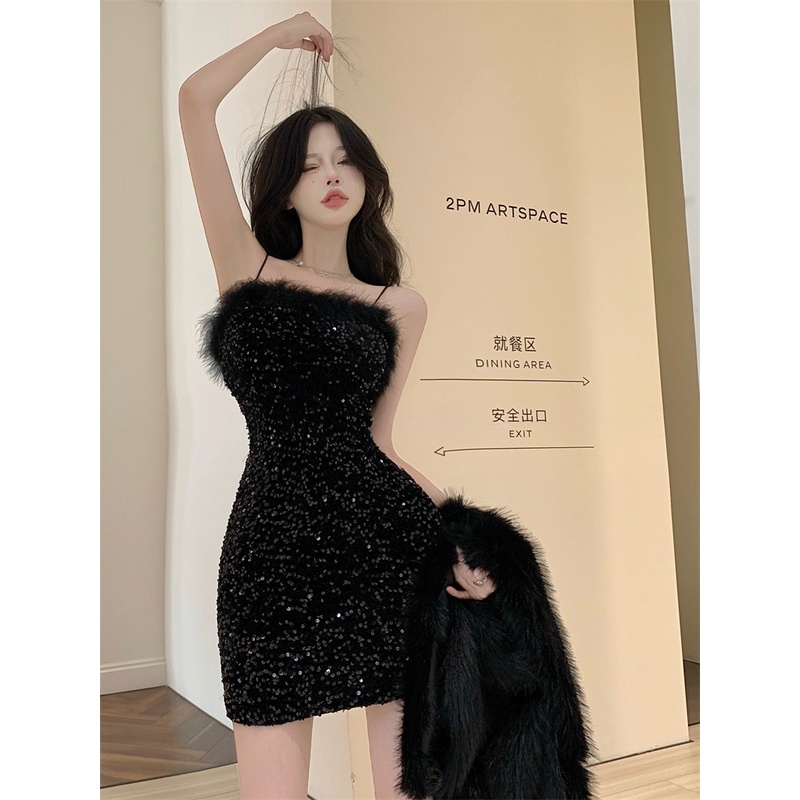 Red Spice Girl Mewah Jahitan Payet Sling Gaun Wanita Musim Semi Seksi Tas Pinggang Tinggi Rok Pinggul Canggih Ramping Rok