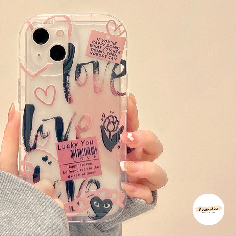 IPHONE Kartun Graffiti Cinta Hati Case Kompatibel Untuk Iphone11 13 12 14 Pro Max6 6s 7 8 Plus XR X XS MAX Shockproof Airbag Comme des Garcons Label Bunga Bening TPU Case Soft Cover