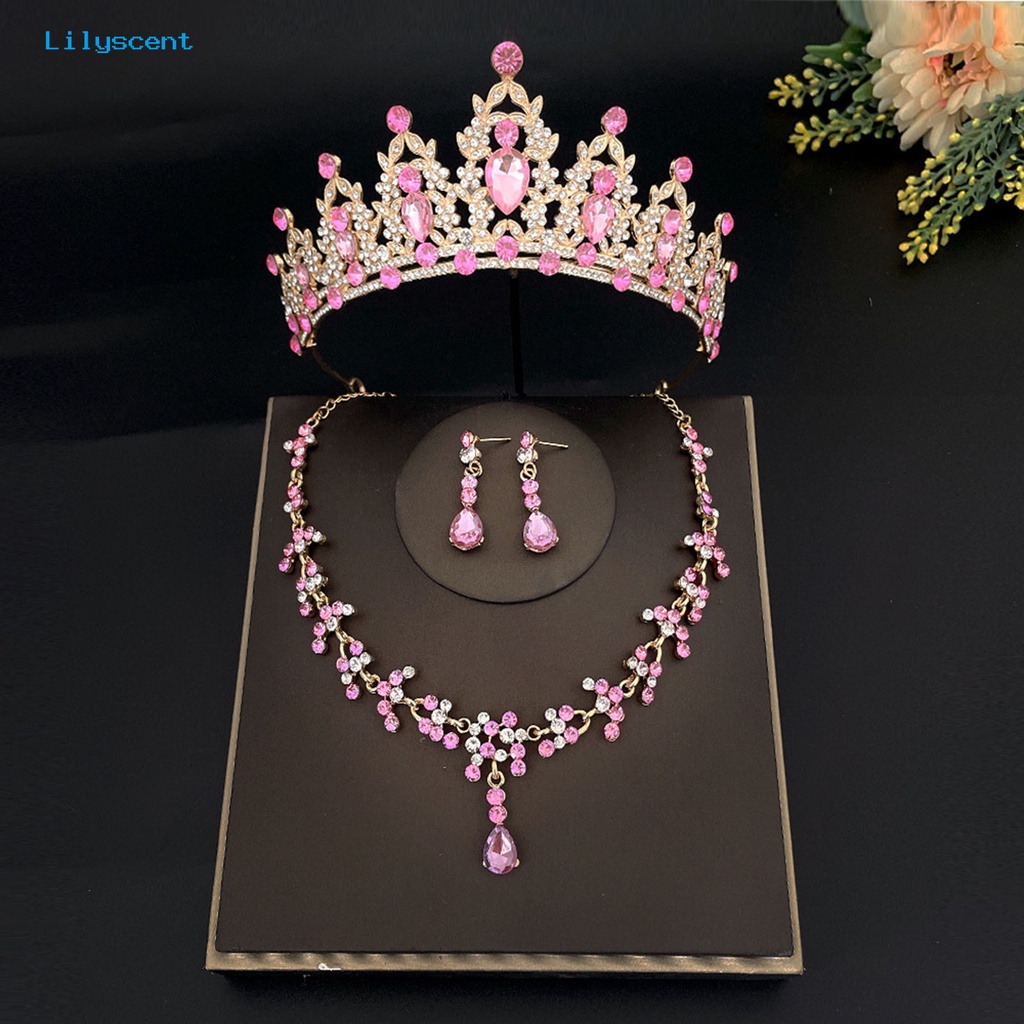 [LS] 3 Pcs/Set Pernikahan Mahkota Kristal Imitasi Electroplating Berlebihan Bentuk Geometris Shiny Dress Up Alloy Wedding Dress Bride Earrings Kalung Set Perhiasan Aksesori