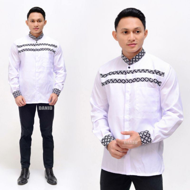 BAJU KOKO ORIGINAL HILWA MOTIF FALCON WARNA PUTIH KOMBINASI BATIK TERBARU