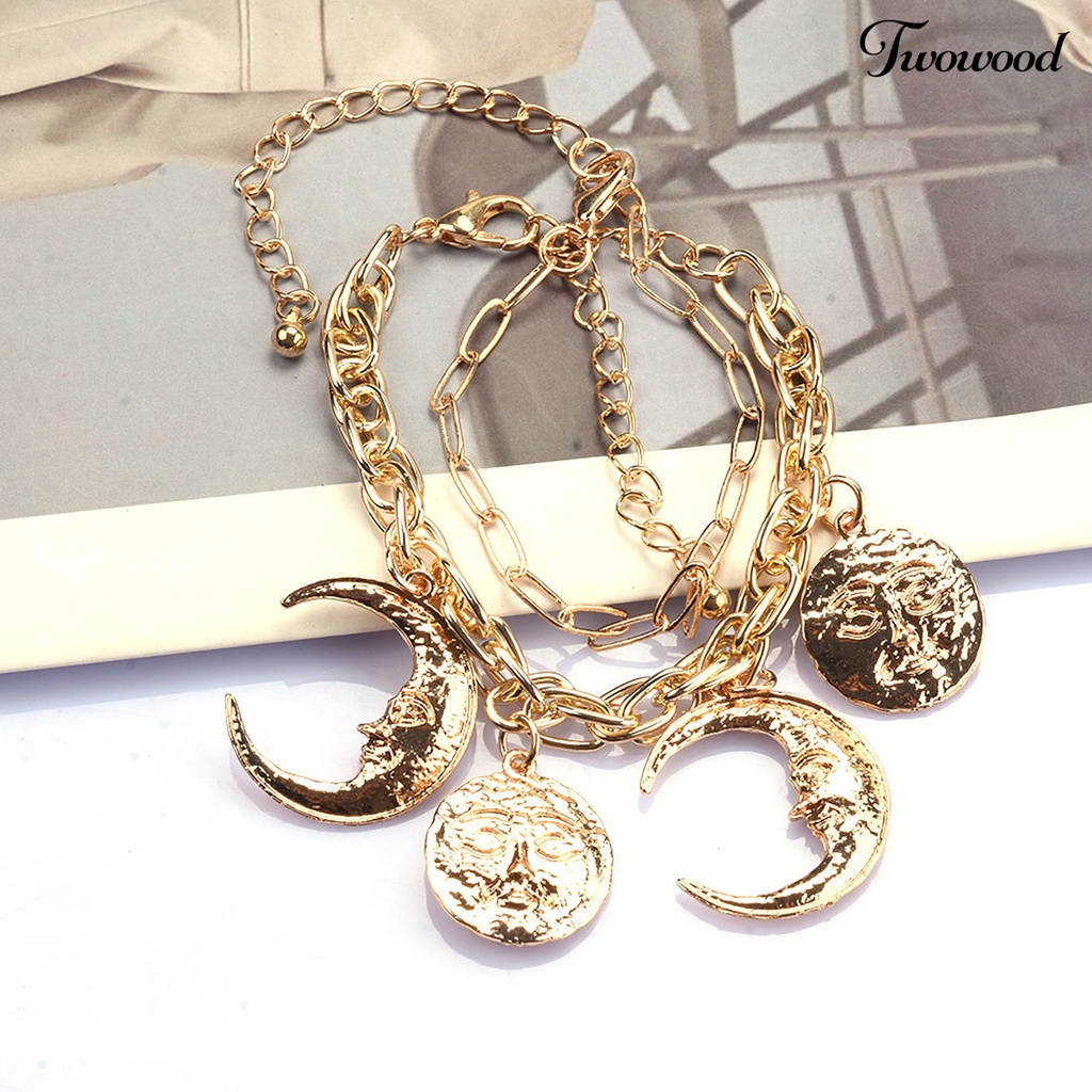 Twowood Charm Kalung Electroplating Shiny Adjustable Vintage Dress Up Alloy Baroque Alloy Moon Sun Pendant Necklace Wanita Perhiasan