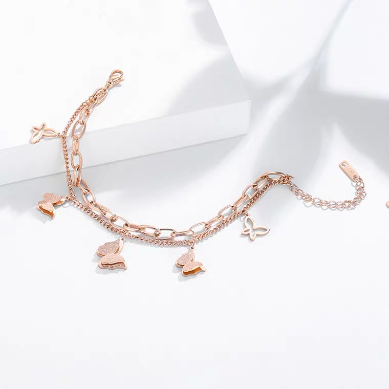 Gelang Rantai Butterfly Double Layer Bahan Titanium Steel Plated 18k Rose Gold Silver Tahan Air Gaya Eropa Amerika Untuk Wanita