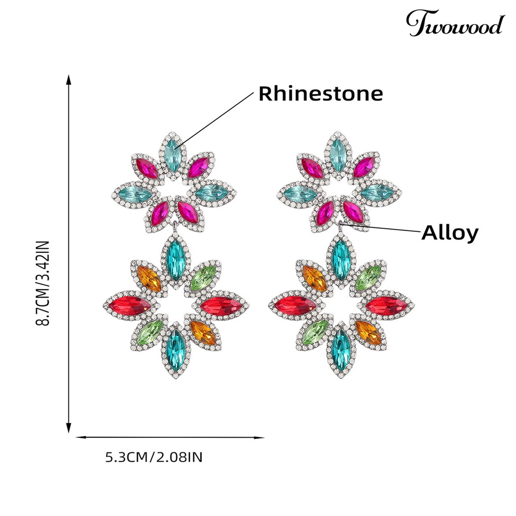 Twowood 1pasang Anting Pejantan Multi-Lapis Berlebihan Mewah Berwarna Berlian Imitasi Salix Daun Bunga Menjuntai Anting-Anting Perhiasan Fashion