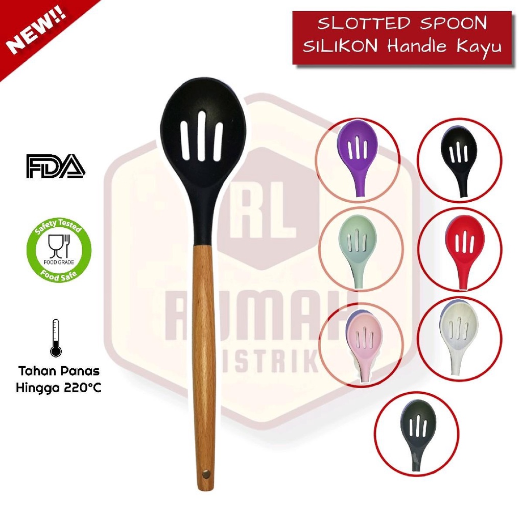 SLOTTED SPOON Silikon Gagang Kayu Sendok Sayur Penyaring Spatula Sodet RANDOM