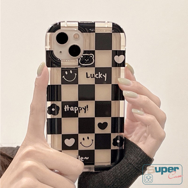 Pasangan Case Kompatibel Untuk IPhone XR 11 7 8 Plus 13 14 12 Pro MAX 6 6S Plus X XS MAX Ins Kotak-Kotak Happy Lucky Smiley Cute Bear Love Heart Flowers Shockproof Airbag Soft Cover