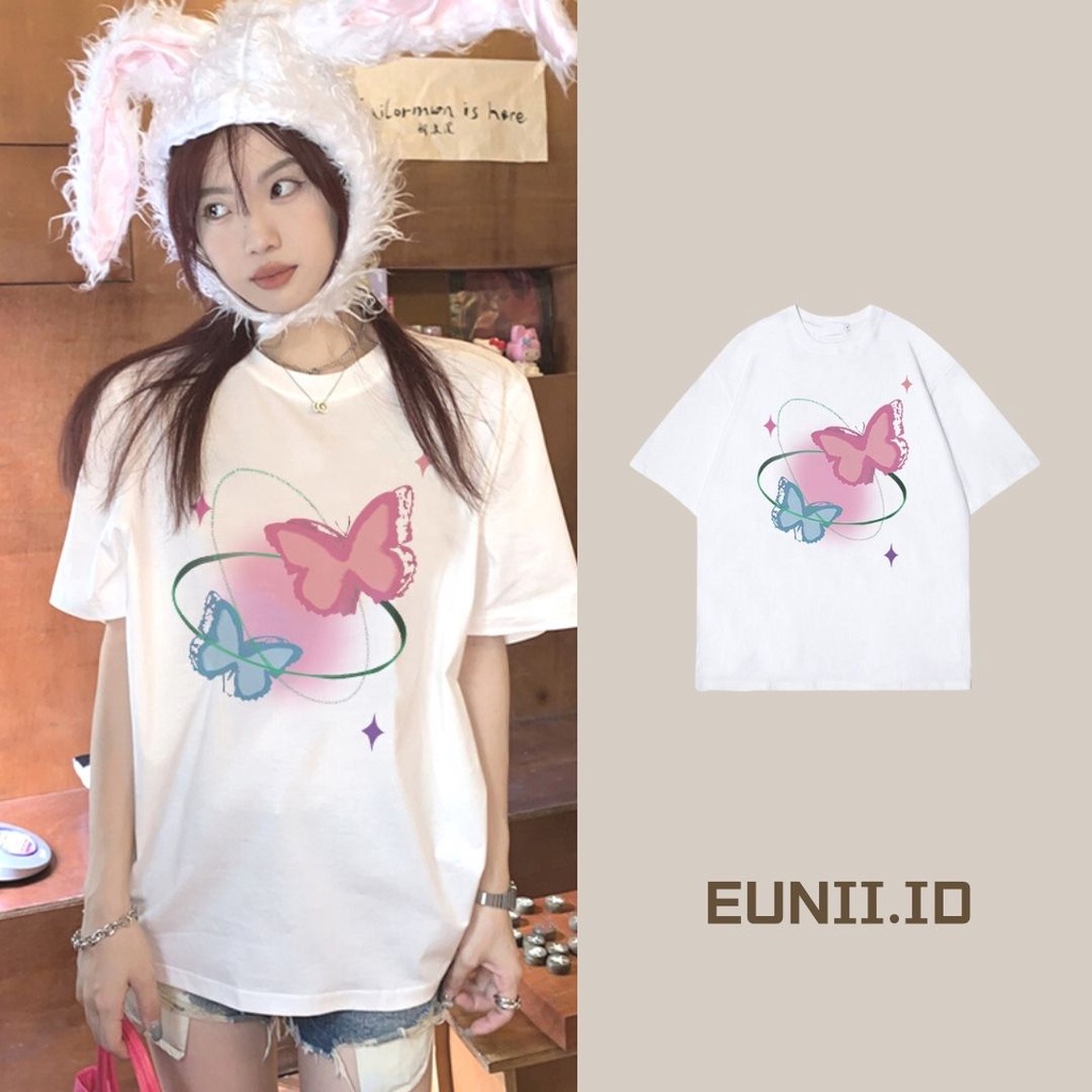 EUNII T-shirt Lengan Pendek Colorful Butterfly Korean Style/Kaos Atasan Wanita/Baju Kaus Oversize Wanita/Kaos Wanita