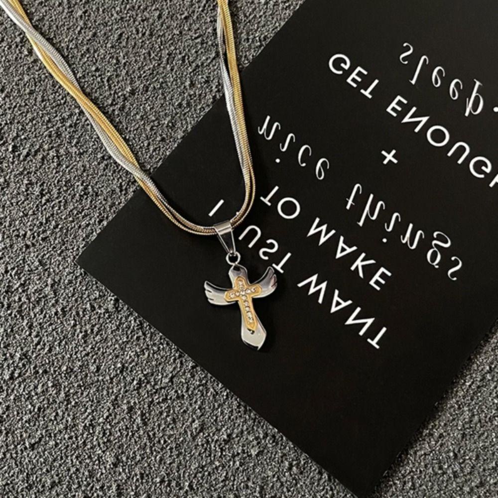 Agustina Pria Kalung Emas Trendy Sayap Hiphop Liontin Salib Keren Tembaga Gaya Korea Necklace