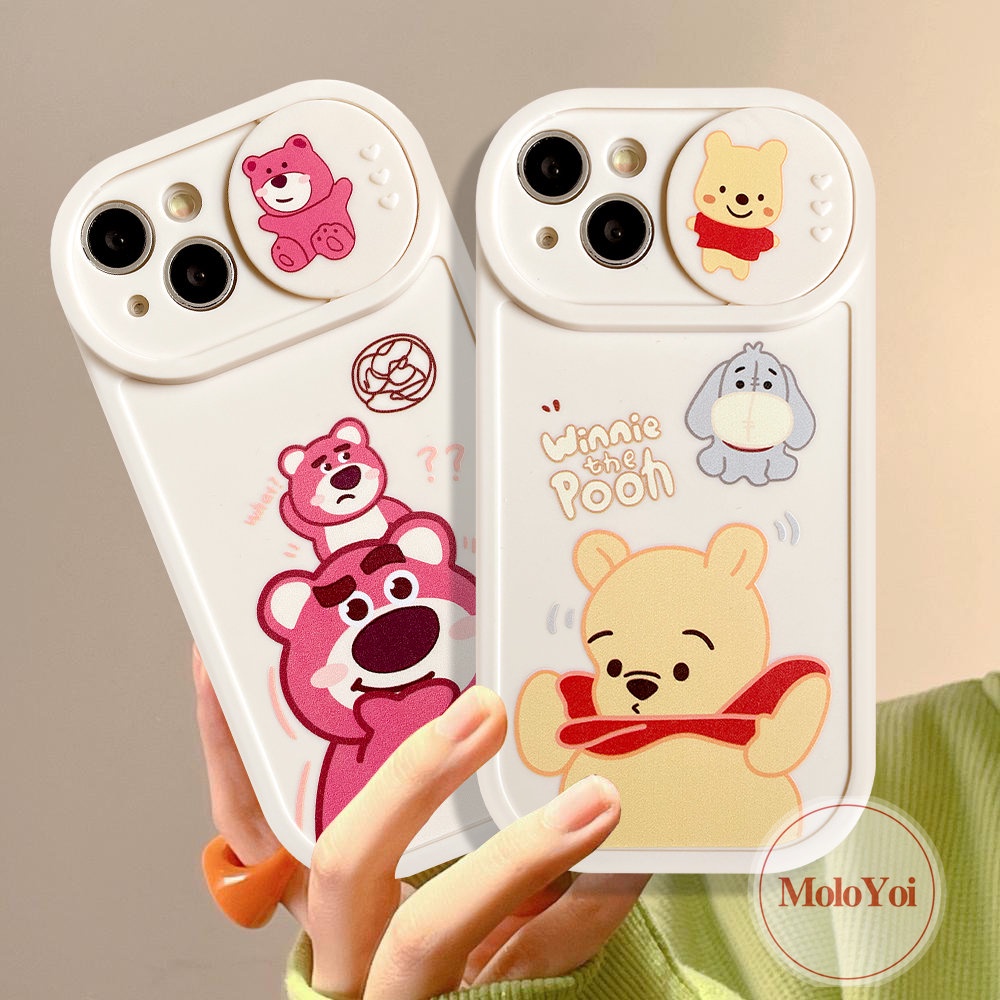 IPHONE Pasangan Case Kompatibel Untuk Iphone13 11 12 Pro MAX 7plus 7 8 Plus XR X XS MAX Kartun Strawberry Bear Manyo Winnie the Pooh Tarik Jendela Kamera Perlindungan Soft Cover