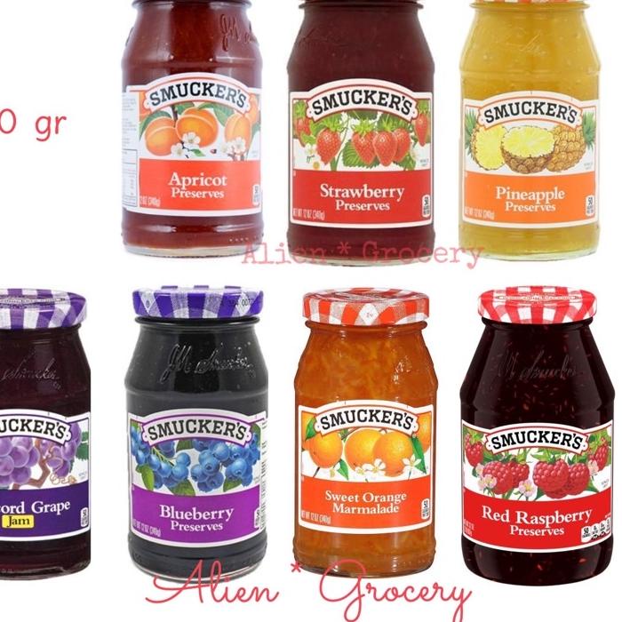 

✼ Smucker Smuckers Selai Olesan Apricot Strawberry Red Raspberry Blueberry Pineapple Grape Concorde Sweet Orange 340gr ♪