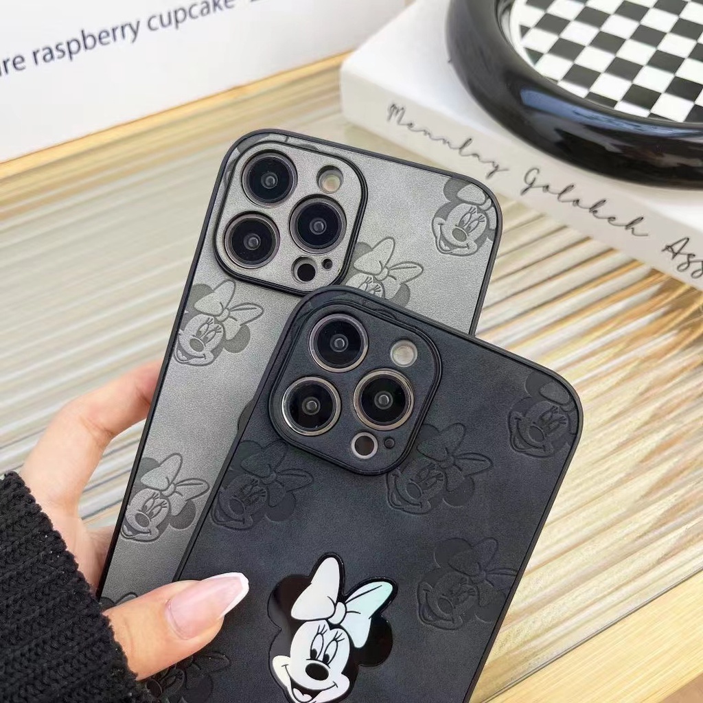 Laser Bow Mickey&amp;Minnie Back Casing for IPhone 14 12 13 11 Pro Max 14plus Leather Lens Protective Case