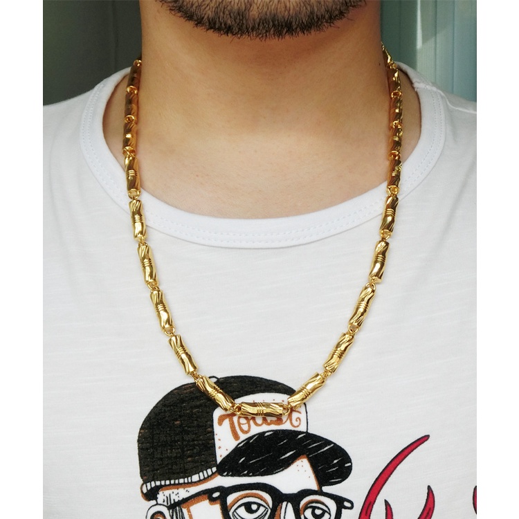 Goldkingdom Fashion Perhiasan 24 K Bangkok Aksesoris Ready Stock Berlapis Emas Kalung Silinder Bambu Ganda Gaya Pria Padat Mendominasi Kalung