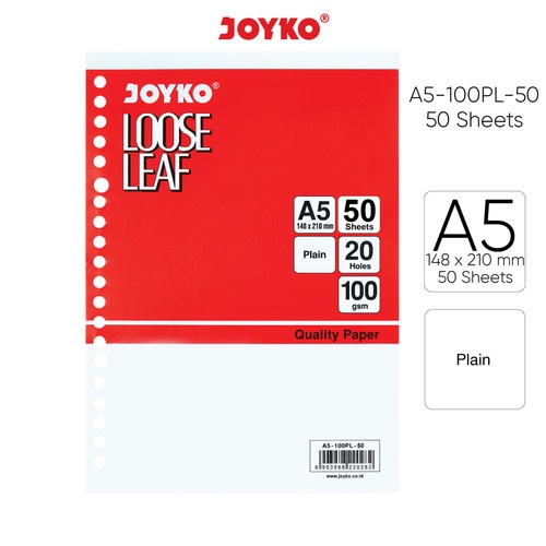 

Loose Leaf Joyko Plain, Grid, Dotted Isi Binder Polos, Kotak-kotak, & Titik-titik A5 50 Lembar 20 holes 100gsm