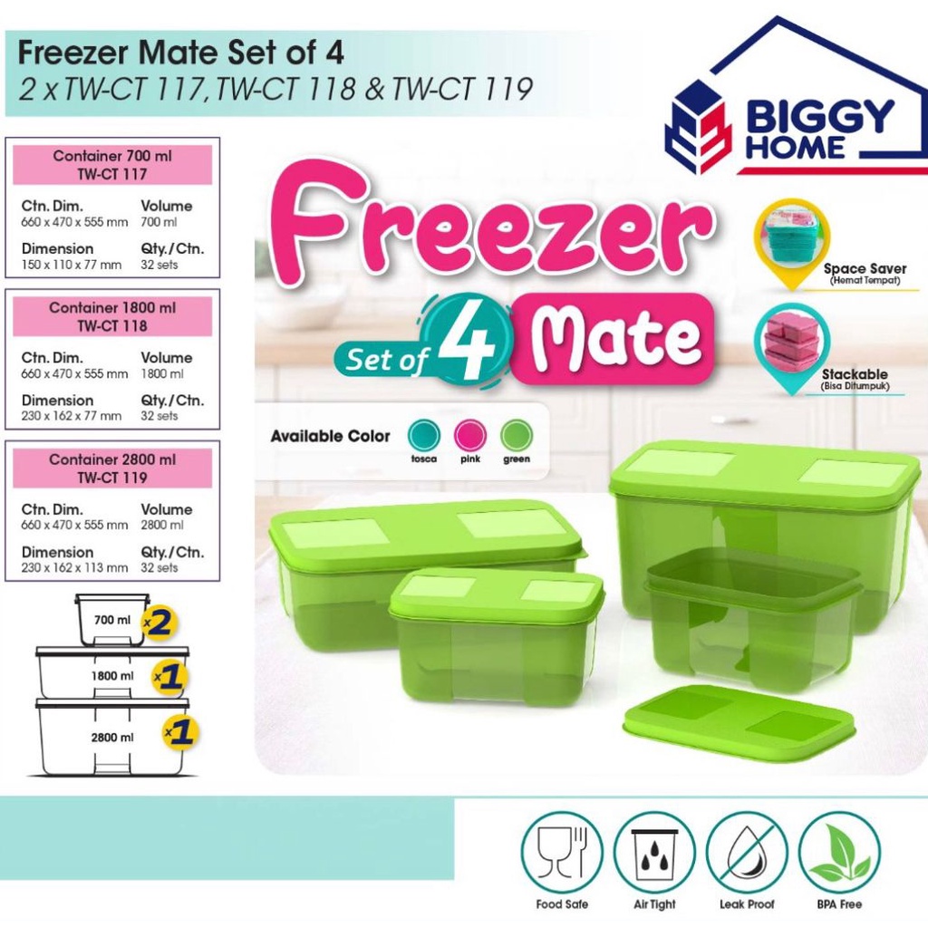 TOPLES FREEZER MATE SET 4 PCS/ TOPLES LEBARAN/ WADAH SAYUR MAKANAN KUE SET KEDAP UDARA SERBAGUNA BIG