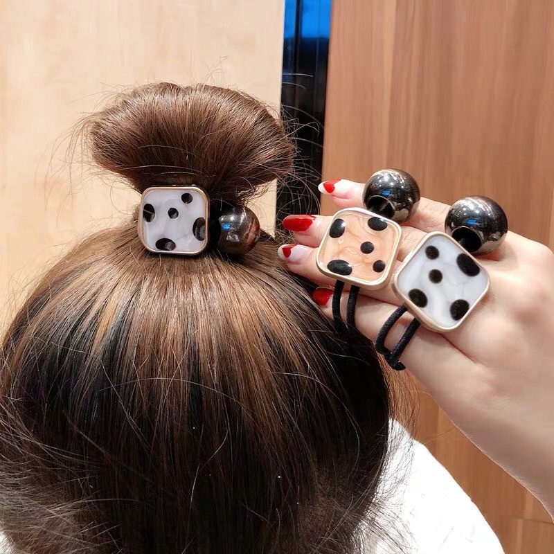 Ikat Rambut Ekor Kuda Bahan Karet Motif Polkadot Hitam Putih Gaya Jepang Korea Untuk Wanita