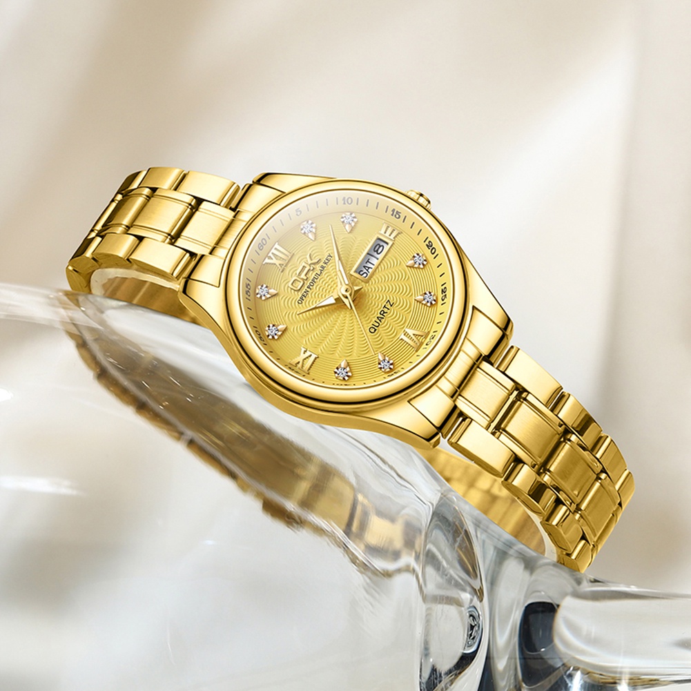 OPK Jam Tangan Wanita Emas Anti Air Original Cewek Kalender Bercahaya Luminous Women Watch Stainless Steel