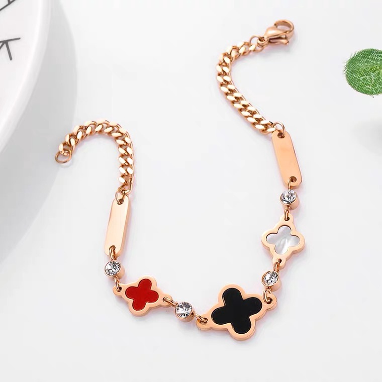 Gelang Desain Clover Gaya Klasik | Gelang Bahan Titanium Stainless Steel 18K Warna Rose Gold