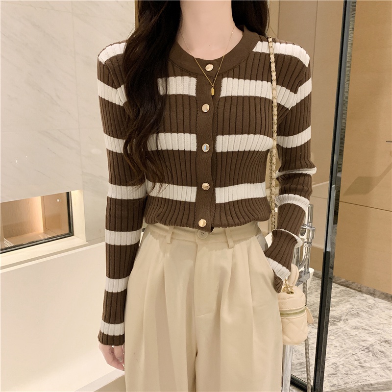 Outerwear Knit Top Stirpe Wanita Lengan Panjang Cardigan Kancing