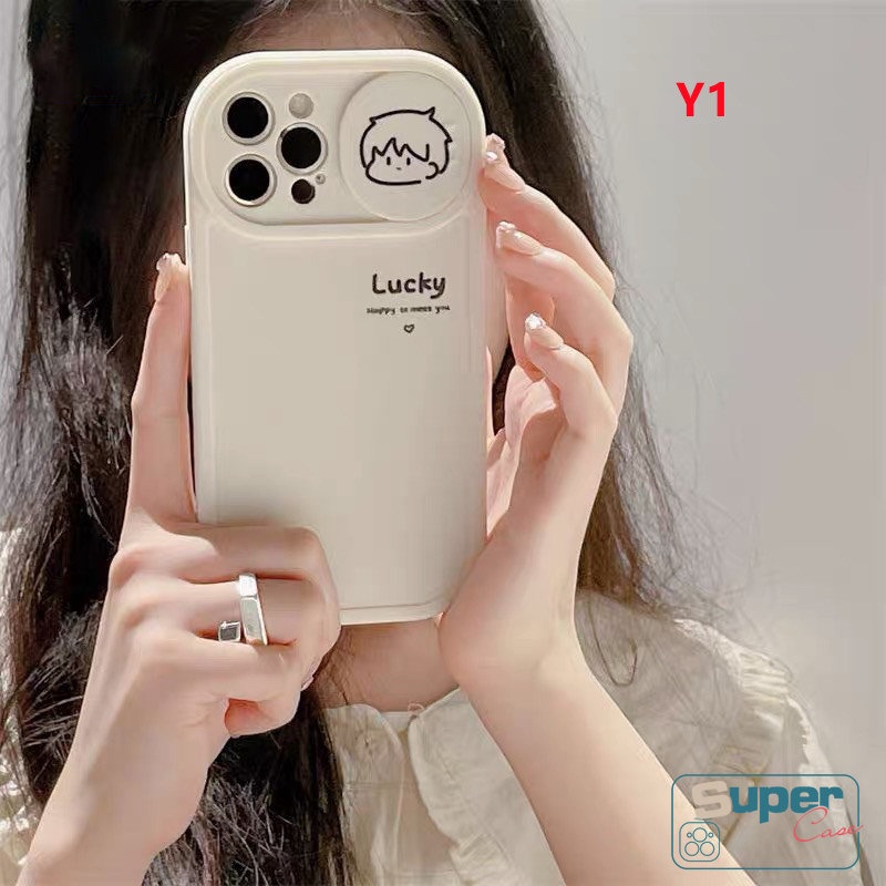 Casing Ponsel Kompatibel Untuk IPhone 7plus 8plus 11 12 13 Pro MAX XR 7 8 Plus X XS MAX Kartun Lucu Cewek Cowok Beruntung Push Pull Window Pelindung Lensa Kamera Soft TPU Couples Cover