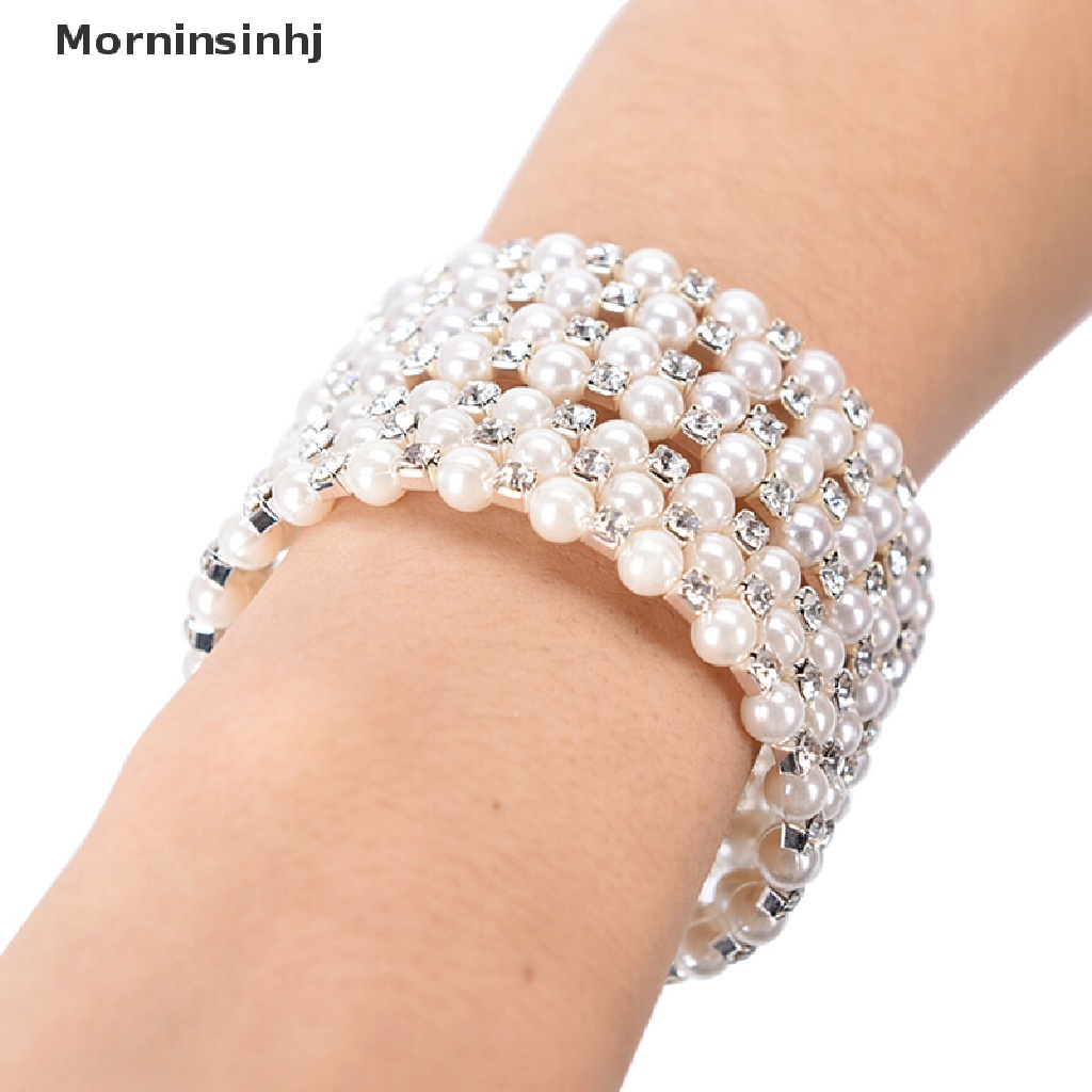 Mornin Kristal Mutiara Multilayer Lebar Elastis Manset Gelang Bangle Wristband Perhiasan id