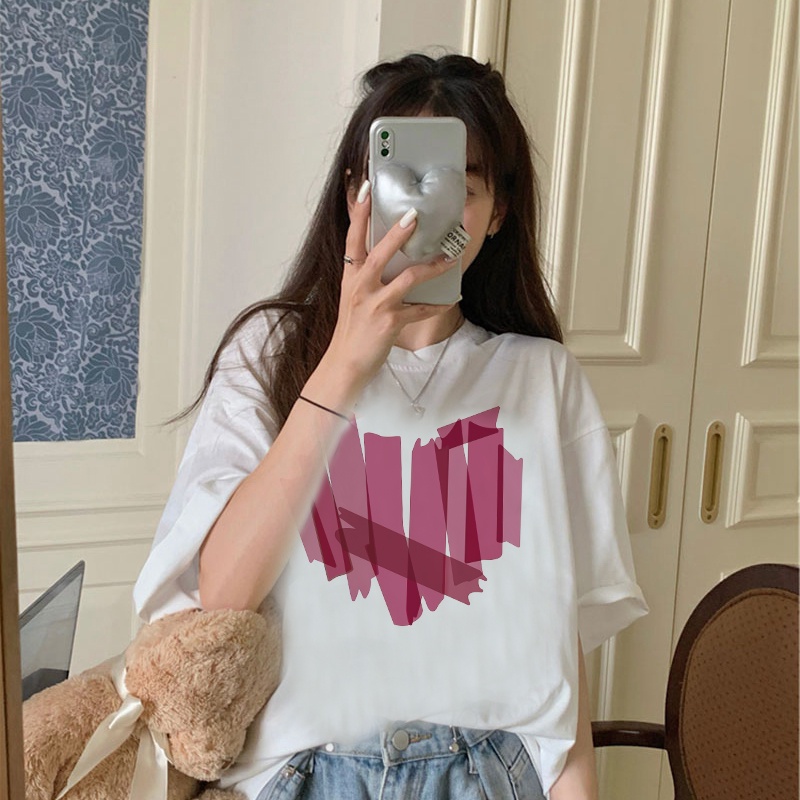 Print T-shirt Kaos Lengan Pendek Pink Graffiti Heart Atasan Wanita Oversize Korean Style
