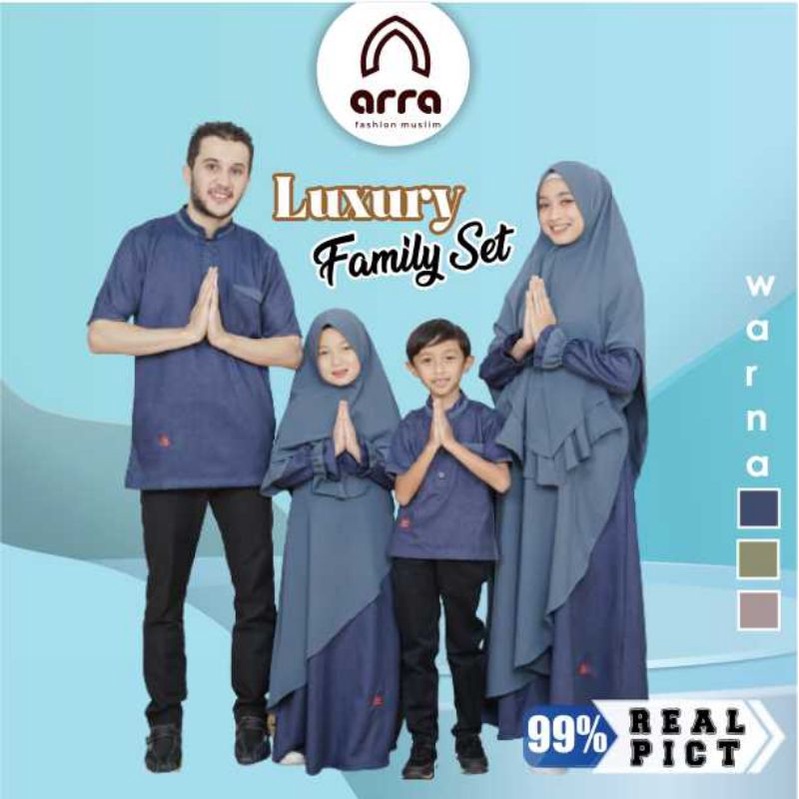 Arra Rayyan Blue Baju Muslim Mewah Gamis Kerudung/Khimar Koko Sarimbit Couple Family Set Keluarga Lebaran Model Terbaru 2023 Dress Syari Warna Biru Muda Untuk Anak Laki Laki Dan Perempuan Ukuran XS S M L XL XXL 3XL 4XL Jumbo