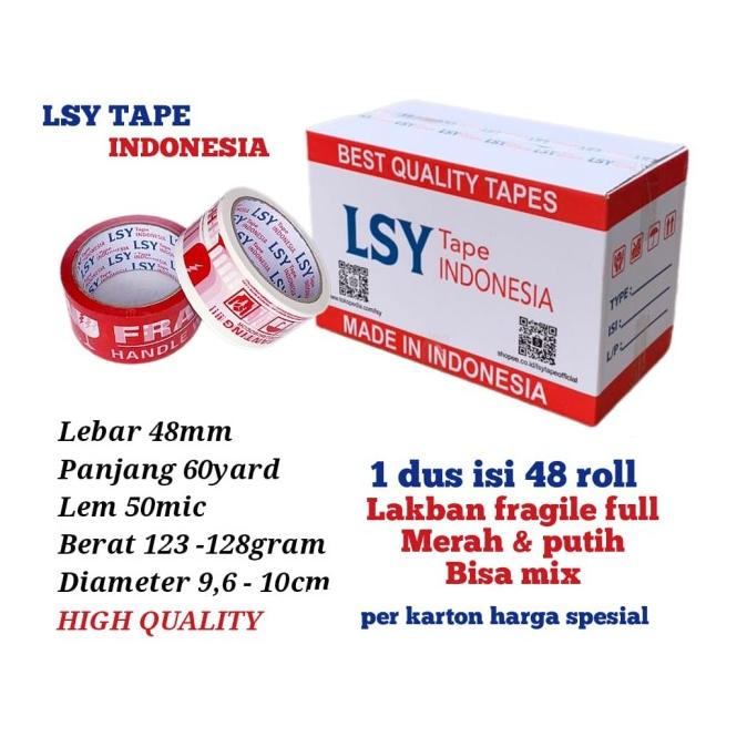 

lakban fragile full merah & putih 60yard 1 dus isi 48 roll LSY TAPE