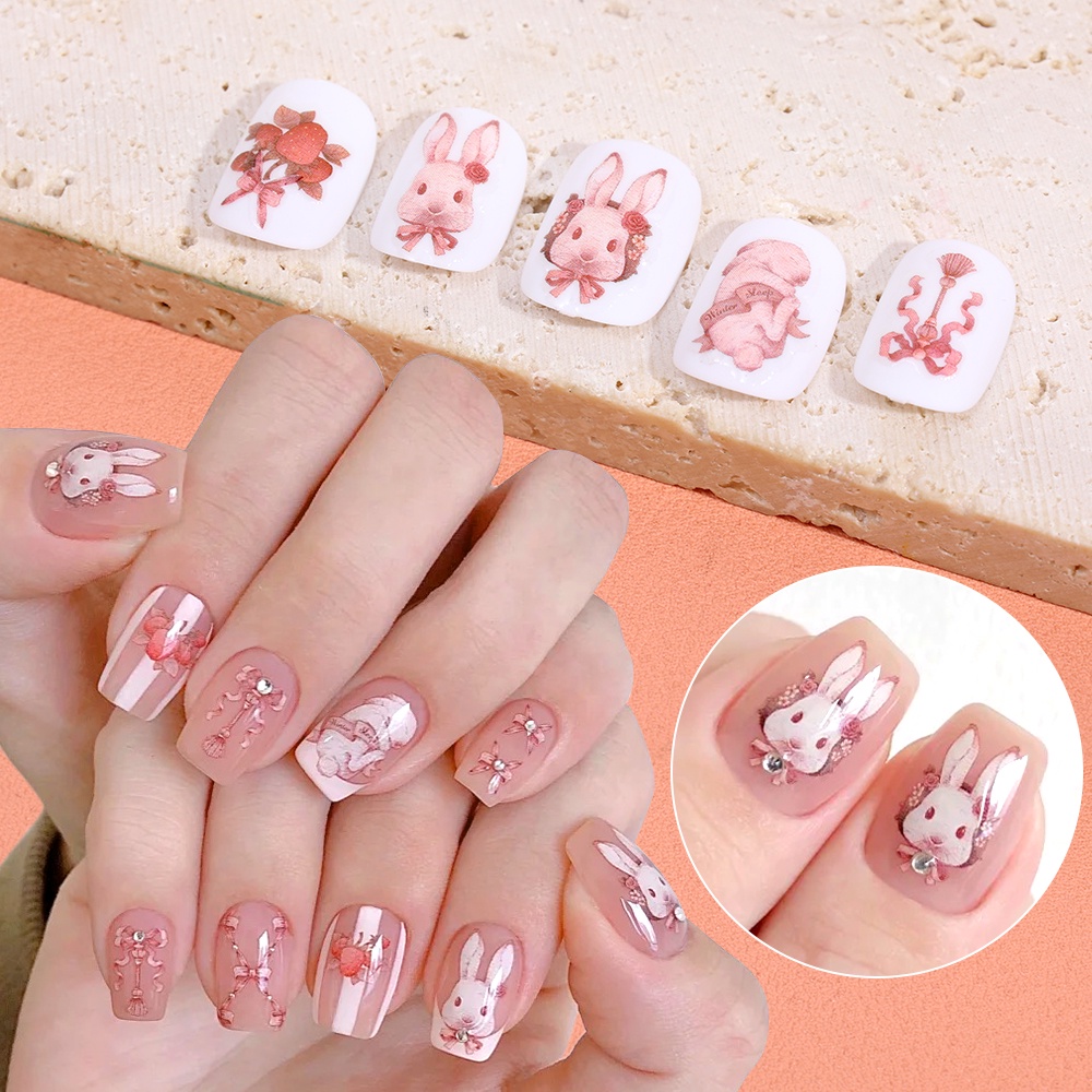 1pc Rococo Sweet Pet Bunny Nail Stickers Cute Animal Pattern Nail Stickers Self-Adhesive Decal Design Nail Art Stiker Manicure Dekorasi