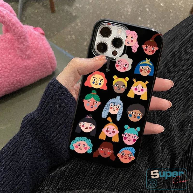 Ins Fashion Creative Case Kompatibel Untuk IPhone 7Plus 8Plus XR 14 11 13 12 Pro Max 7 8 14 Plus X XS Max SE 2020 Kartun Avatar Lucu Glossy Halus Lembut TPU Hitam Cover