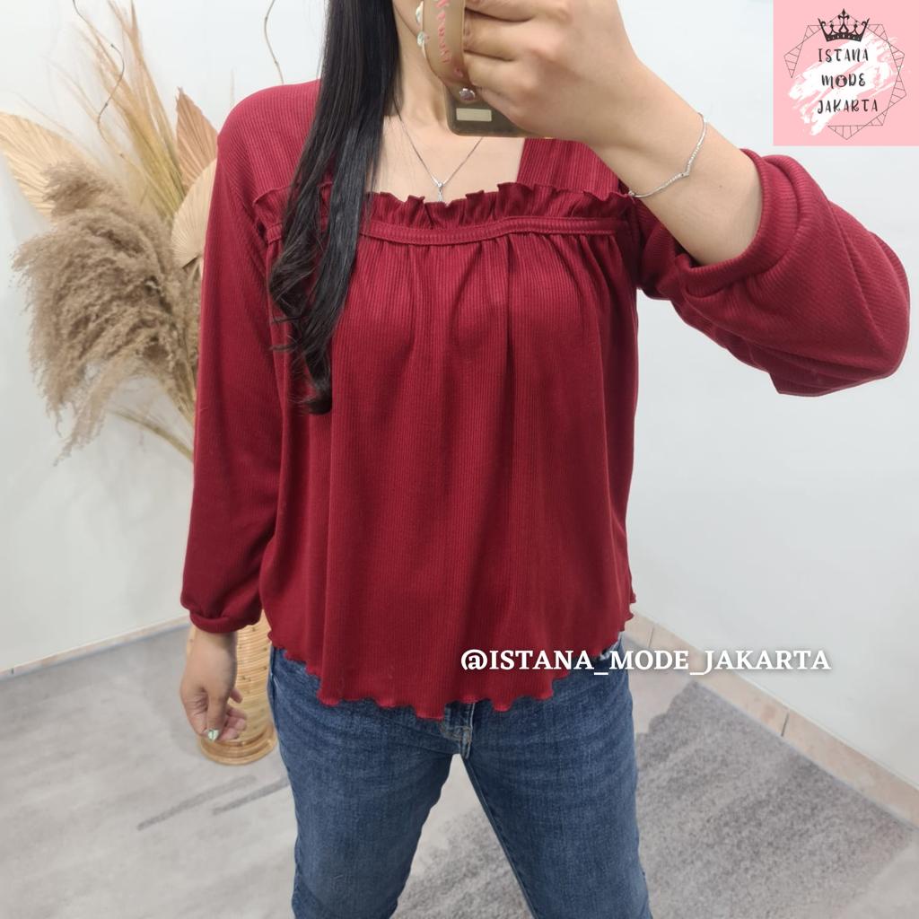 IMJ LAURA Rajut Ruffle Blouse Premium - Baju Atasan Wanita Lengan Panjang All Size Fit to XL