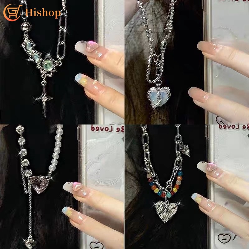 Kalung Rantai Perak Choker Untuk Wanita Y2K Pink Manis Zirkon Hati Liontin Kalung Aksesoris Perhiasan