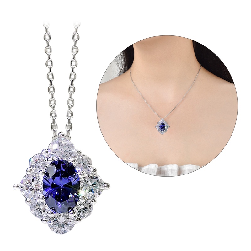 Kalung Warna Silver Liontin Cubic Zirconia Biru Untuk Wanita Temperamen Elegan Pesta Ulang Tahun Pernikahan Fashion Perhiasan