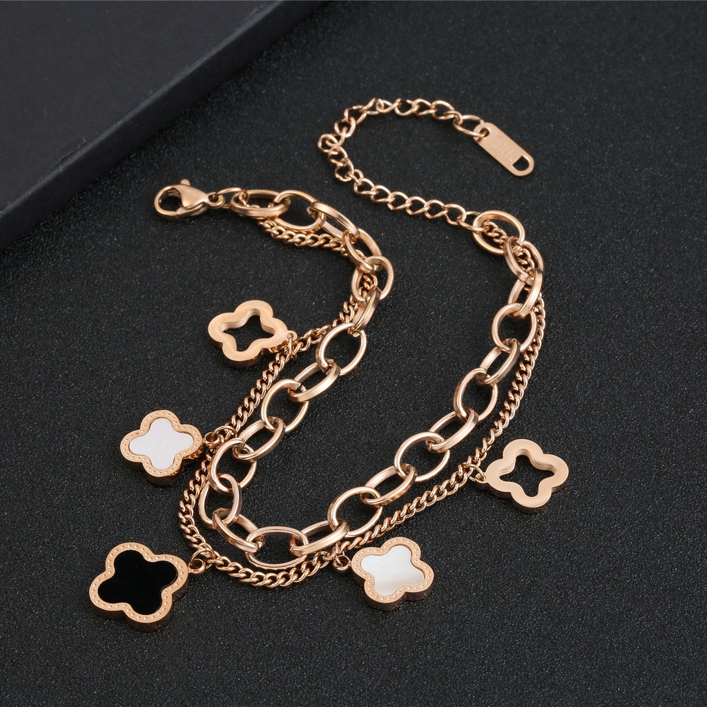 Gelang Rantai Lapis Ganda Bahan Titanium Steel 18k Warna Rose Gold Gaya Korea Hip-Hop Untuk Wanita