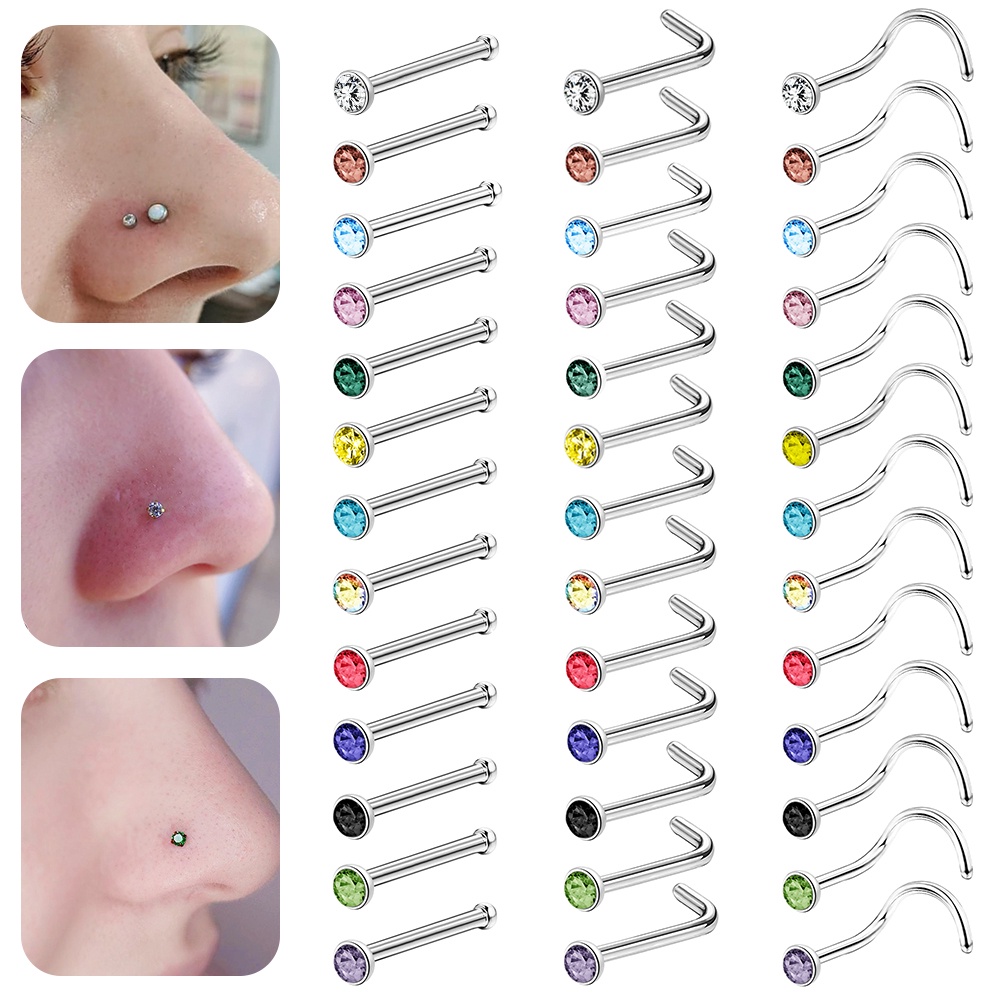 1pc Tindik Hidung Kristal Warna Stainless Steel Nose Studs L Shape Nostril Piercing Bulat Kristal Zirkon Hidung Stud