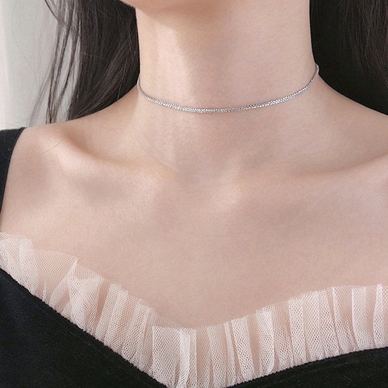 Papaozhu Trendi s925 Perak Glittery Sequin Choker Necklace Untuk Wanita Perempuan Minimalis Kalung Pendek Perhiasan