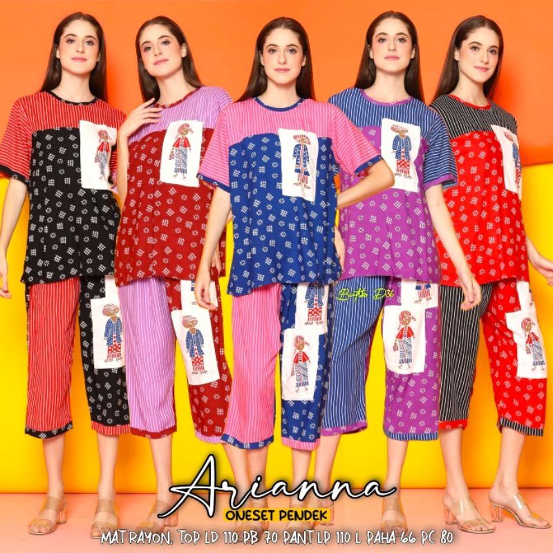 Setelan wanita rayon premium lengan pendek celana 7/8 Arianna motif Garis Salur karakter modern kekinian