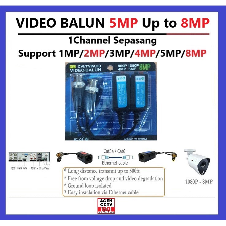 Video Balun CCTV 1 Channel 1CH 5MP Up to 8MP AHD TVI CVI Analog