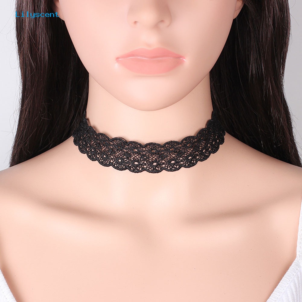 [LS] Wanita Gothic Tato Berongga Renda Klavikula Kalung Pendek Adjustable Perhiasan Hadiah