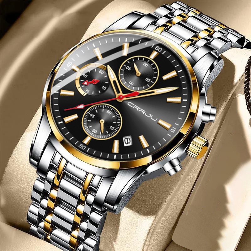 CRRJU Jam Tangan Pria Luxury Stainless Steel Quartz Original Anti Air Watch Jam Tangan Kalender Otomatis Bercahaya Multifungsi Olahraga Chronograph