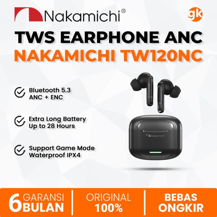 NAKAMICHI TWS Headset Bluetooth Wireless TW120NC Earphone Earbuds ANC + ENC Active Noise Cancelling