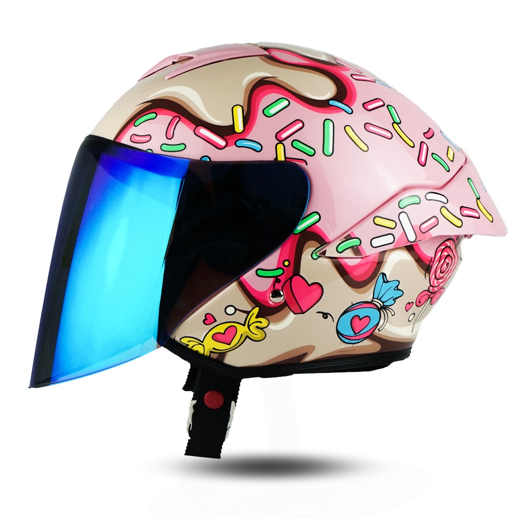 HELM JS1 HALF FACE MOTIF CANDIES HITAM PINK SNI KEKINIAN