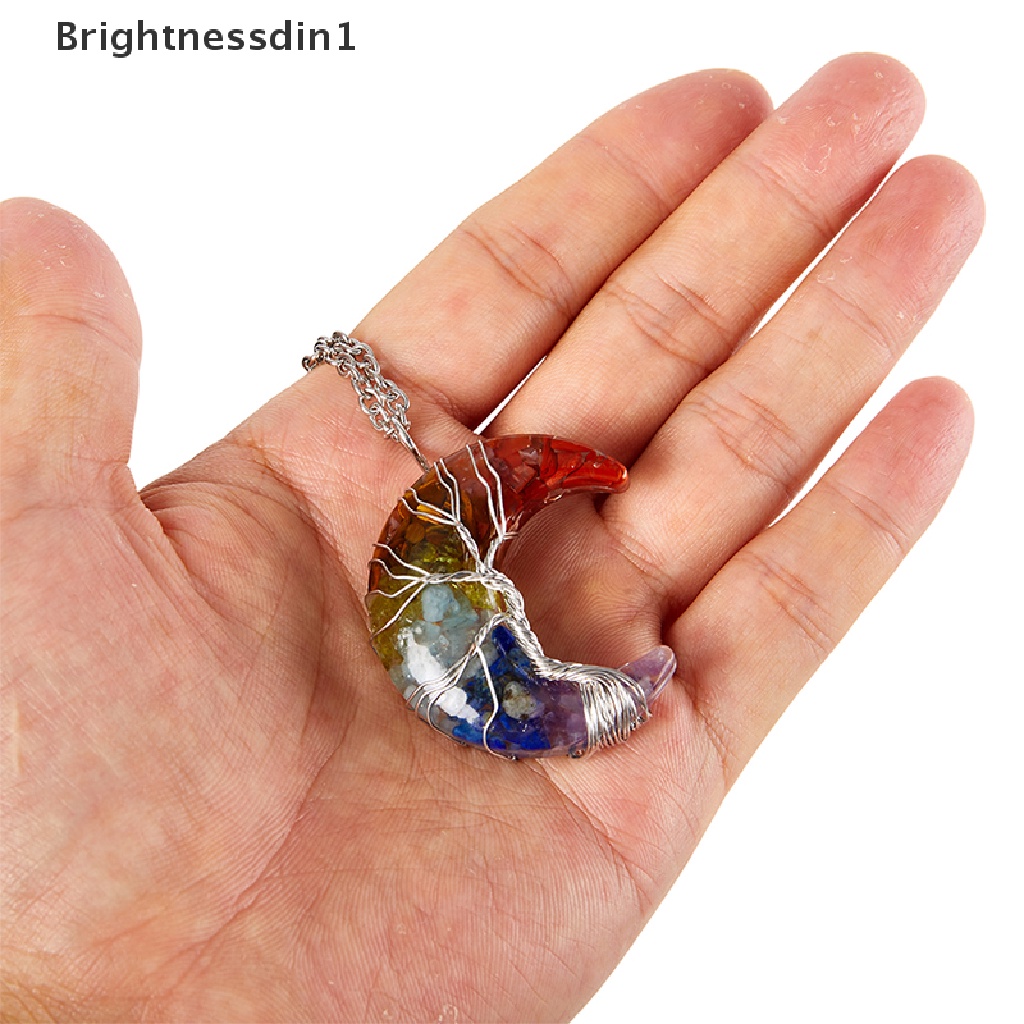 [Brightnessdin1] Kristal Alami Liontin Pohon Kehidupan Kalung Bentuk Bulan Reiki Kalung Kawat Bungkus Bulan Sabit Batu Alam Resin Perhiasan Hadiah Butik