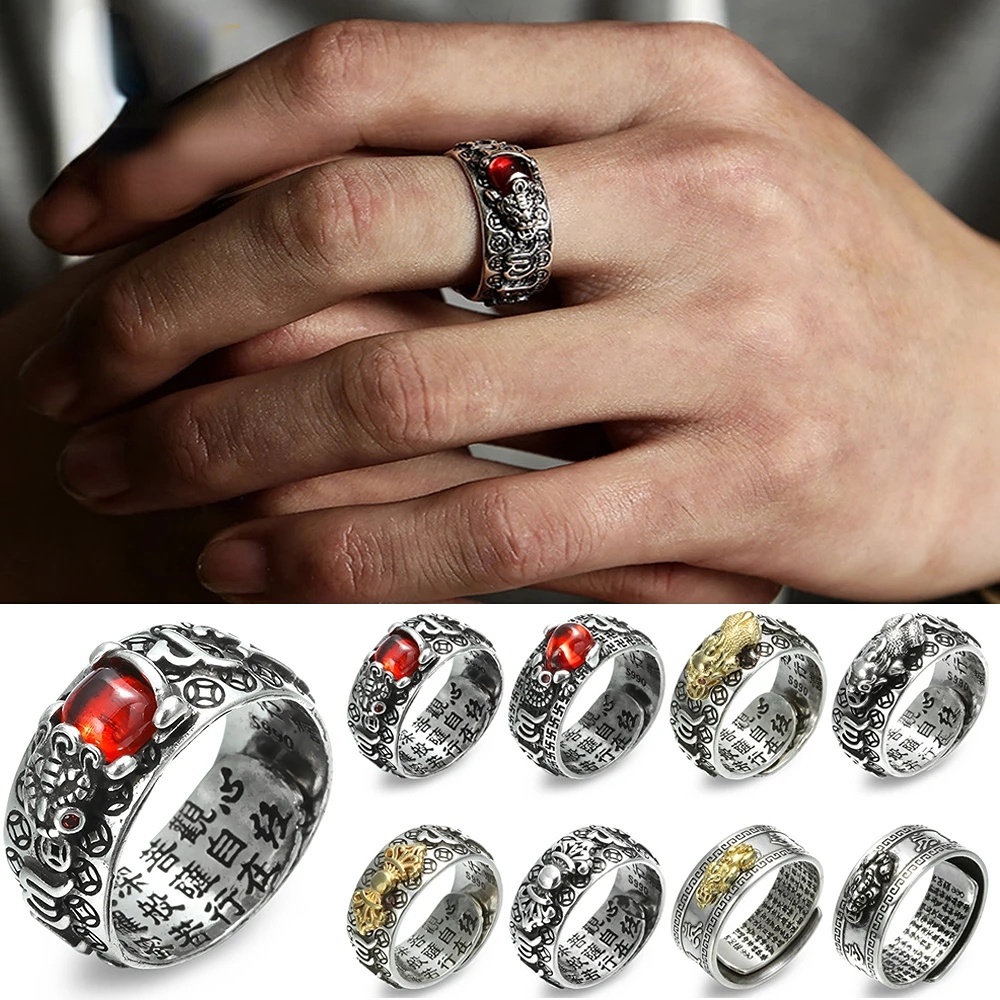 1pcs Cincin Tembaga Vintage Yang Dapat Disesuaikan Namo Amitabha Guardian Ring Antik Warna Perak Buddha Kepribadian Rings Retro Perhiasan Hadiah Untuk Wanita Dan Pria