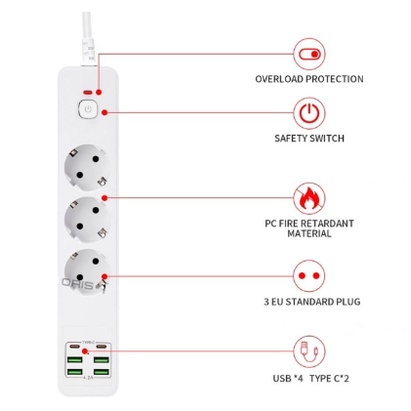 Power Socket Strip 4 6 USB C Colokan Terminal Fast Charging 2M 3000W