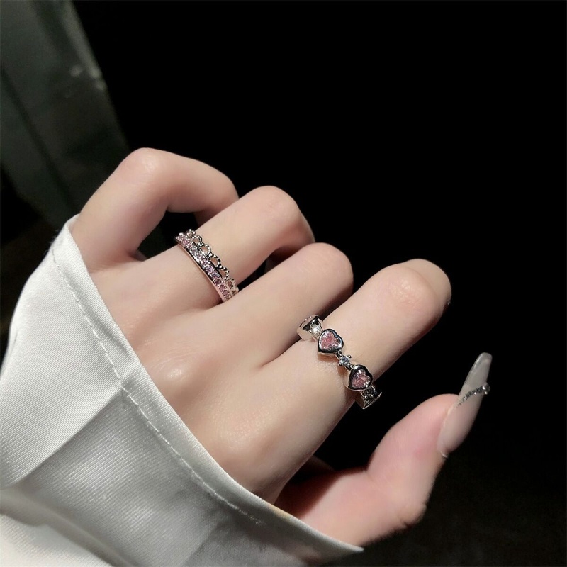 Anti Karat Warna pink Berlian Cinta Hati Cincin Baja titanium Wanita Pasangan Korea Hadiah Cincin Terbuka