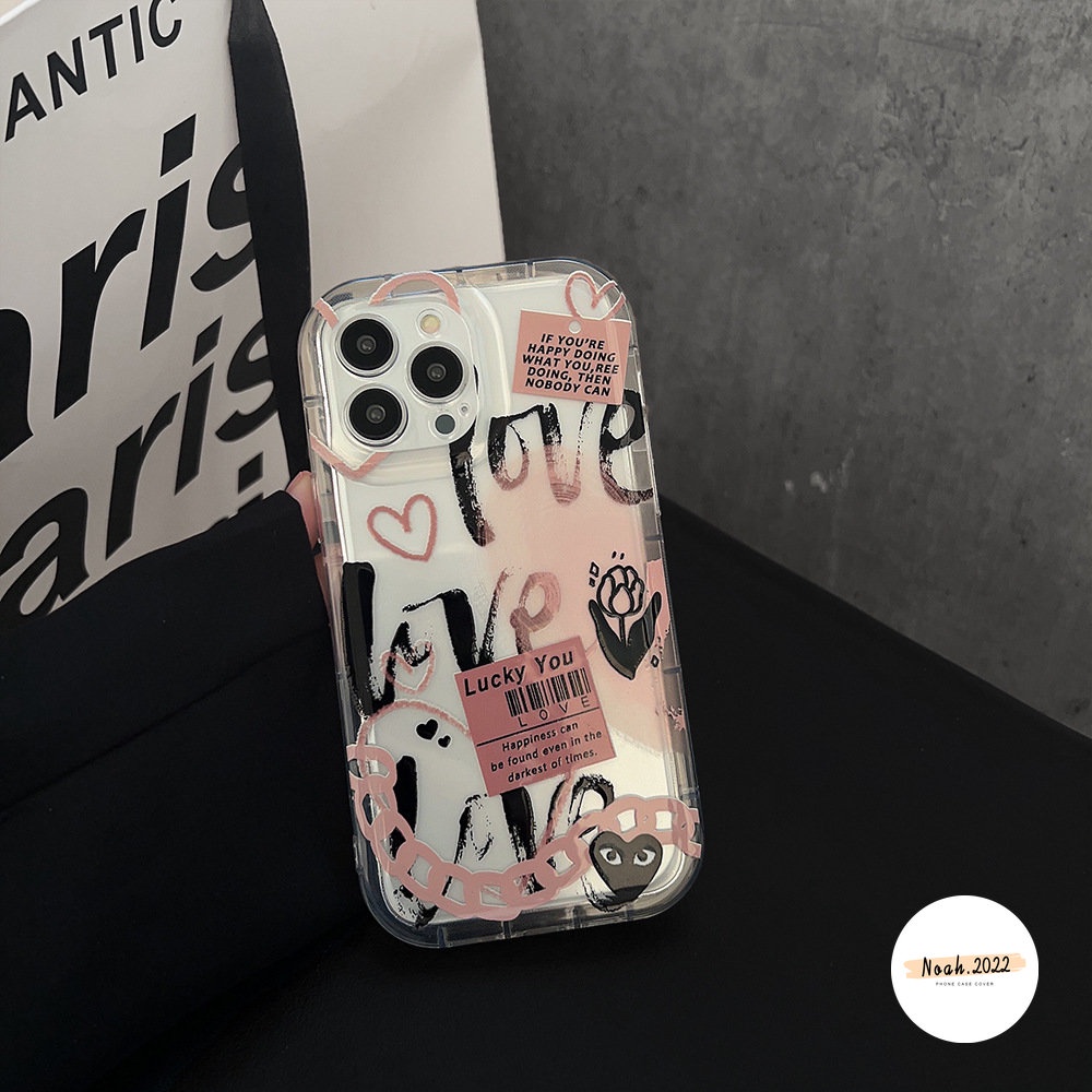 IPHONE Kartun Graffiti Cinta Hati Case Kompatibel Untuk Iphone11 13 12 14 Pro Max6 6s 7 8 Plus XR X XS MAX Shockproof Airbag Comme des Garcons Label Bunga Bening TPU Case Soft Cover