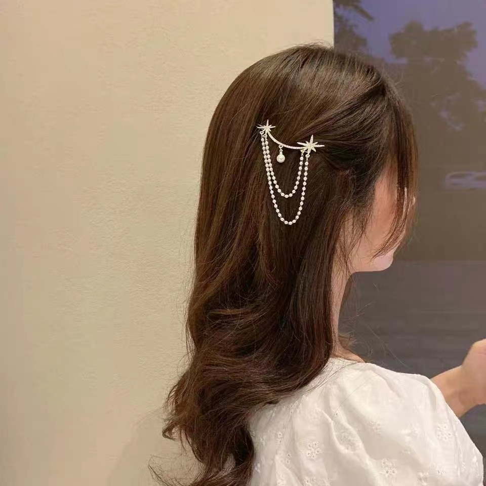 Jepit Rambut Model Rantai Rumbai Desain Bintang Aksen Berlian Imitasi Gaya Korea Jepang