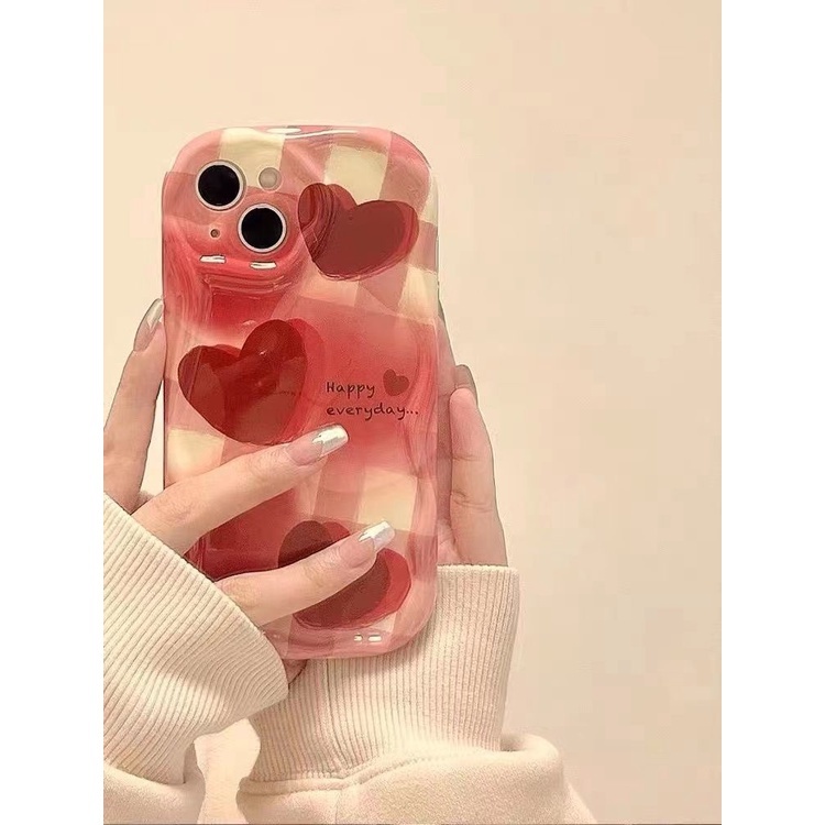 IPHONE Casing Ponsel Motif Gaya Hati Korea Kotak-Kotak Gelombang Kompatibel Dengan Iphone12 13 14 11 Pro Max X Xs Max Xr Fdcsf